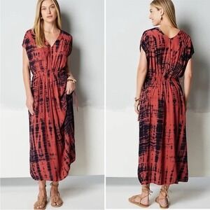 Pure Jill Elements Tie Dye Maxi Dress Kaftan Beach Cover Up Tie Waist Sz Large